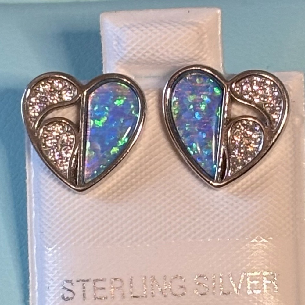 Blue Opal CZ Sterling Silver Heart Earrings